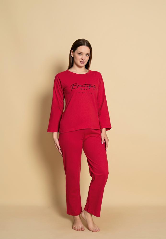 Pijama dama,maneca lunga si pantalon lung, culoare rosu ,Engros